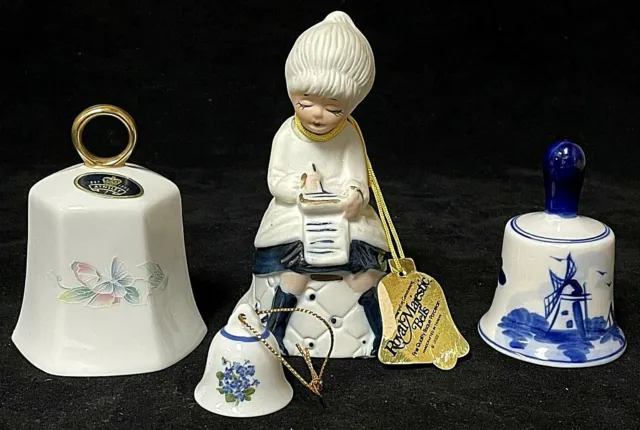 Vintage Lot of 4 Porcelain Bells -Delft Blue, Aynsley, Reutter & Royal Majestic
