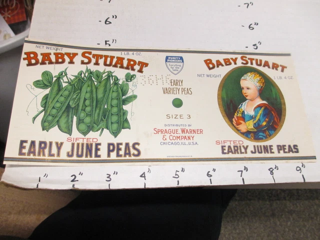 BABY STUART early June peas 1930s metal tin can food paper label Sprague Warner