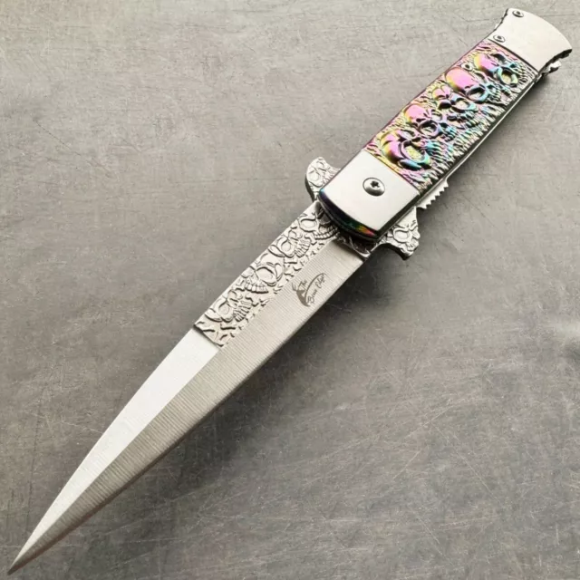 9" Rainbow Skull Spring Open Assisted Tactical EDC Folding Pocket Knife