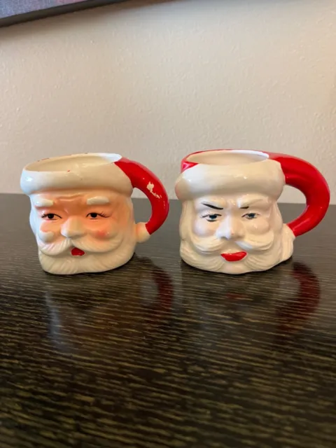 2 Vintage Christmas Ceramic Santa Mugs 3" Tall