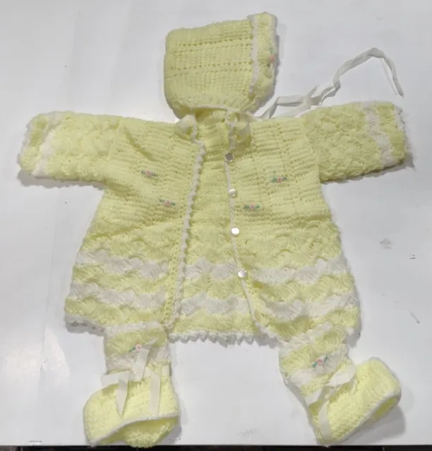 Vintage Yellow Handmade Infant Crochet Baby Set: Sweater, Hat & Booties