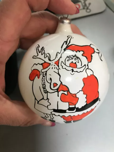 vintage Comic Santa & Deer Rudolph Glass Ball Christmas Ornament Italy 3.5"