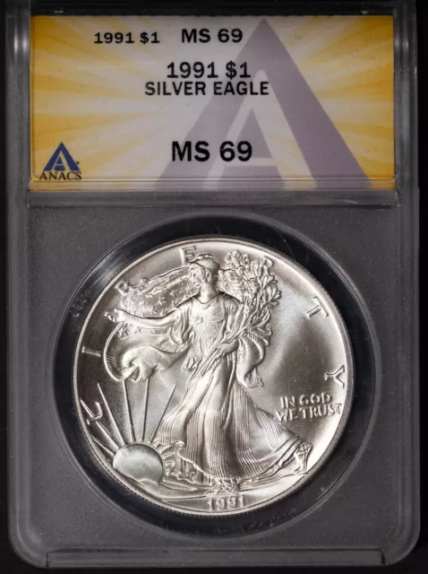 1991 $1 Silver American Eagle MS 69 ANACS # 7668291 + Bonus