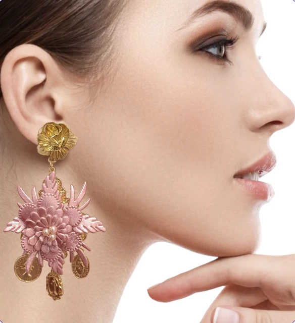 BIG Gold Coin & Pink Leather Flower Earrings - Chandelier insta Summer
