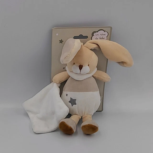 Doudou lapin blanc beige gris étoile mouchoir UN REVE DE BEBE NEUF - 30657