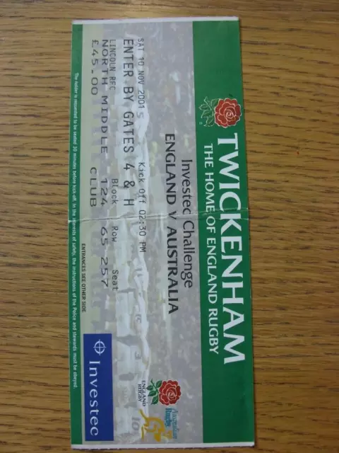 10/11/2001 Rugby Union Ticket: England v Australia [At Twickenham] (folded)