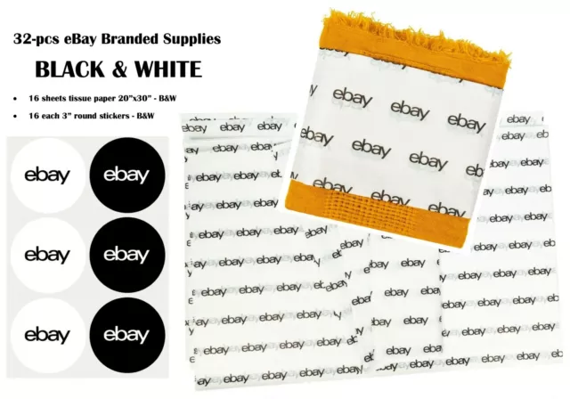 32-pcs EBAY BRANDED SUPPLIES bundled sets BLACK & WHITE Tissue Paper & Stickers