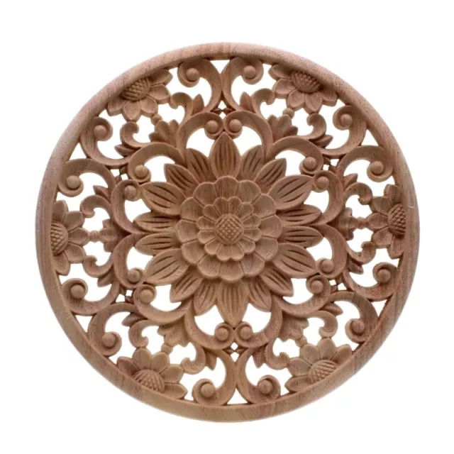 Flower Carving Round Wood Appliques For Furniture Cabinet Unpainted Wooden4798