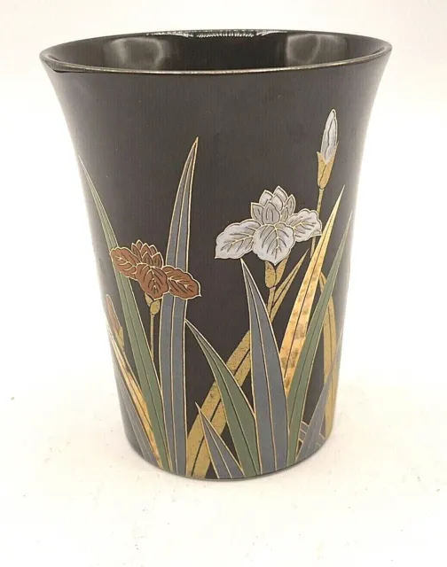 Vintage OTAGIRI Black Porcelain 3-5/8” Vase Gold accents  Red & White Iris Vase