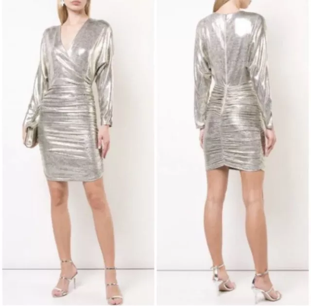 Alice + Olivia Pace Ruched Metallic Dress In Silver Batwing Sleeve Size 6 $295