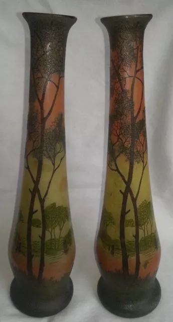 Superbe paire de vases 1900 en verrerie de Bar sur Seine décor lacustre