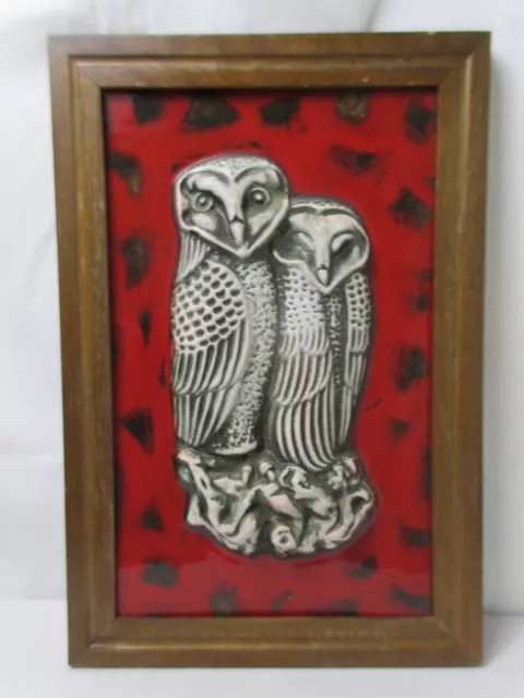 Vintage Owl Lava Ceramics Relief Mural 60s 70s with Wood Frame West Germany