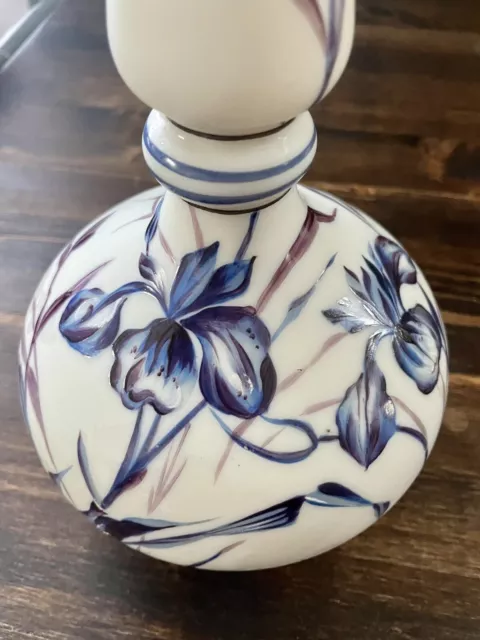Victorian Hand painted Satin Glass Milk Glass Bottle Vase Blue Iris Flowers 7”