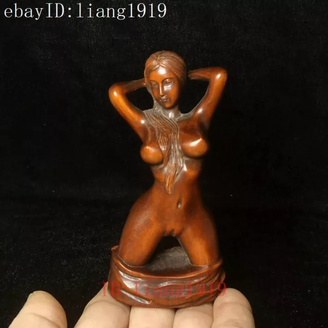 Old Chinese Boxwood Wood Hand Carving Art Beauty Belle Statue Sculpture