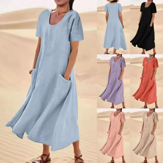 Ladies Maxi Dresses Scoop Neck Long Dress Women Loose Short Sleeve Holiday