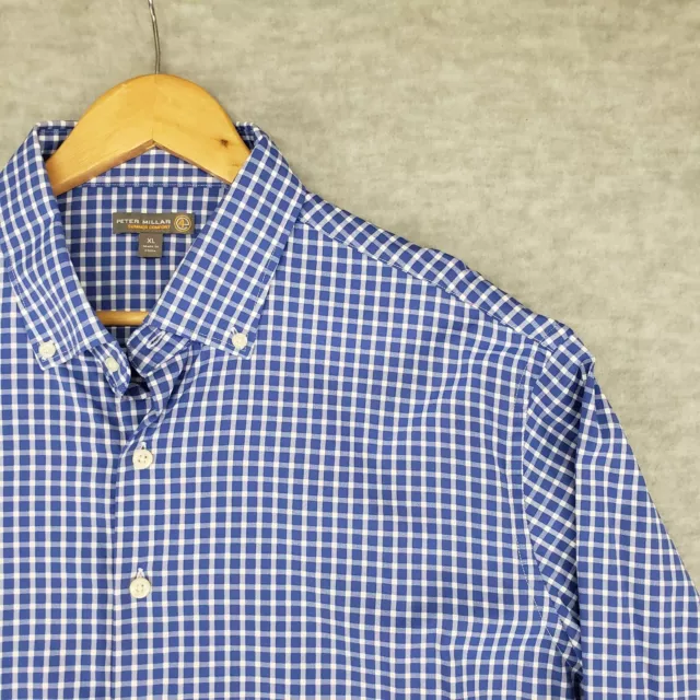 Peter Millar Summer Comfort Shirt Men XL Blue Gingham Check Button Up Nylon 4