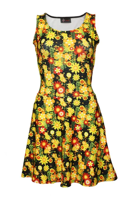 Retro Colourful Summer Flowers Wild Meadow Floral Print Sleeveless Skater Dress