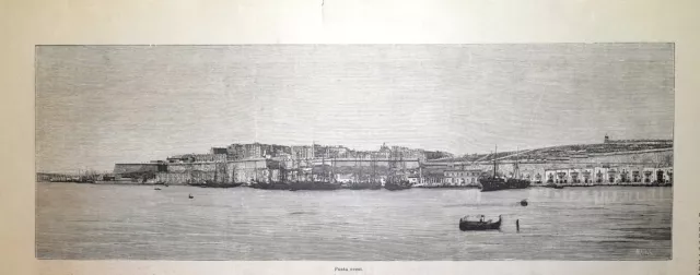 Stampa antica MALTA panorama del porto punta ovest 1887 Antique print