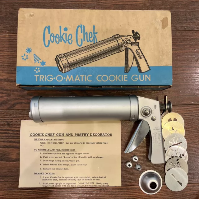 VTG Cookie Chef TRIG-O-MATIC Cookie Gun Press & Pastry Decorator CLEAN 6 Discs