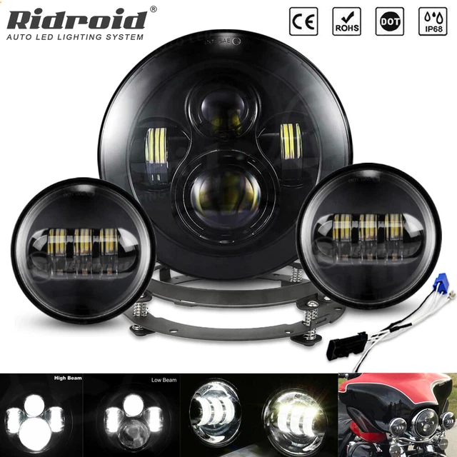 7" LED Headlight + 4.5" Passing Lamp + Mount Ring For Harley Road King EFI FLHRI