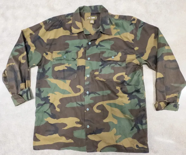 PJ Mark Army Field Shirt Mens Extra Large Woodland Pattern Camouflage Button