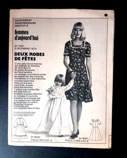 Patron De Couture Vintage 1973 - 2 Robes De Fête Taille 38 Et 3 Ans, Adulte Et Enfant, Occasion