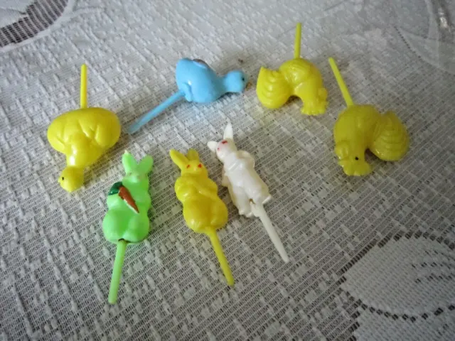 Vtg Lot 7 Plastic Blow Mold  Easter Chicks & Rabbits Cake Toppers Decorations