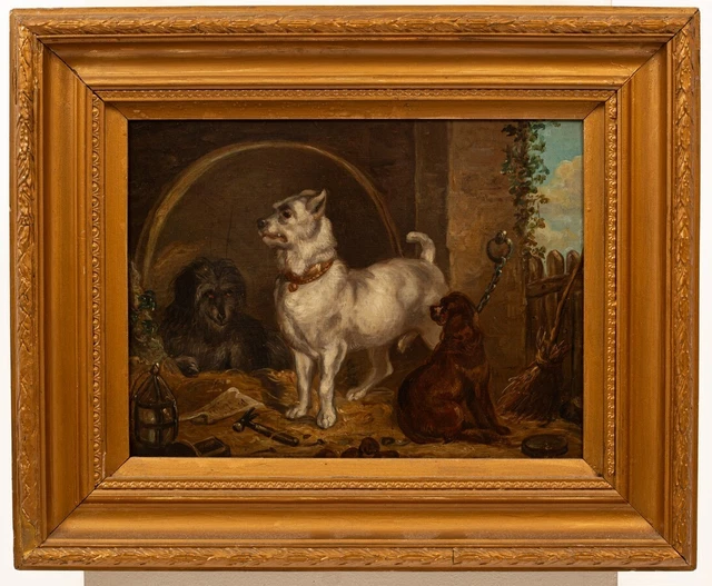 FINE ENGLISH 19TH century oil painting portrait of dogs in gilt frame