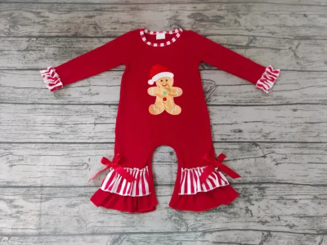 Baby Girls Boutique Christmas Red/White Gingerbread  Romper Ruffled 12/18 M NEW