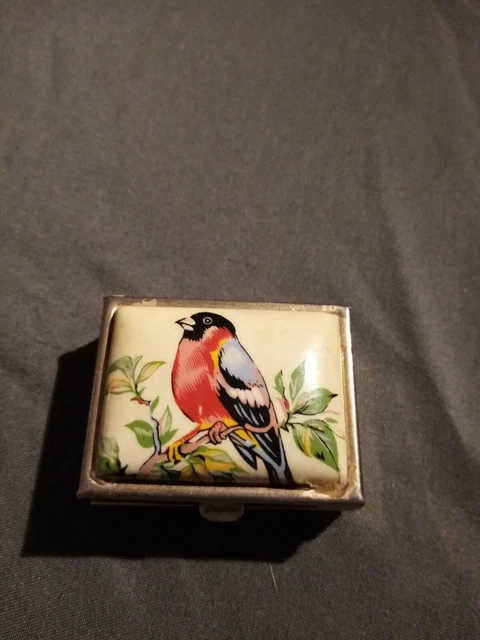 Pilulier Vintage Florenza En Métal Argenté, Motif Oiseau - Boîte à Pilules Rétro