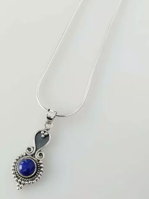 Genuine LAPIS LAZULI Solid 925 Oxidized SILVER Boho Style Pendant, Dark Blue Boh