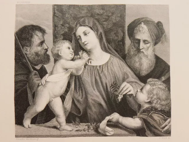 Tiziano Vecellio Sainte Famille 1872 Gravure sur acier antiquaire Peinture...