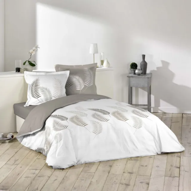 Housse de couette - 200 x 200 cm + taies - 57 fils - Feuillage - Blanc