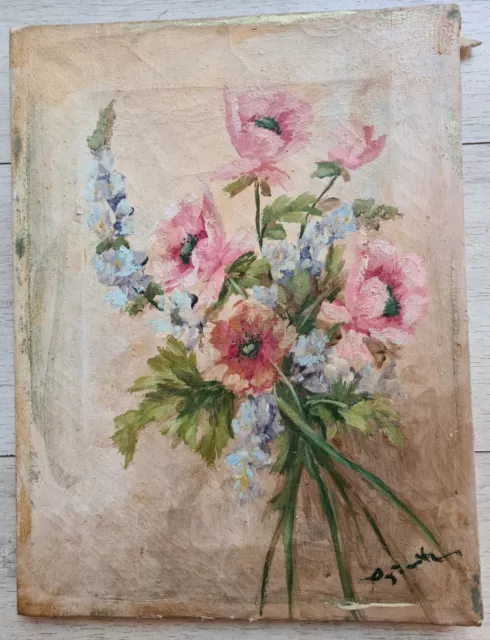 Tableau ancien , huile sur toile , bouquet de fleurs