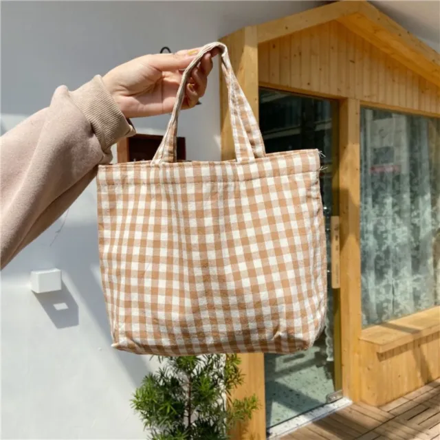Travel Grocery Tote Bags Japanese Style Picnic Food Bag Plaid Handbag  Women
