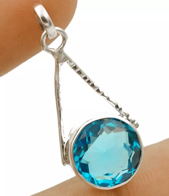 Natural 2CT Flawless Blue Topaz 925 Sterling Silver Pendant 1 1/4" Long NW3-8