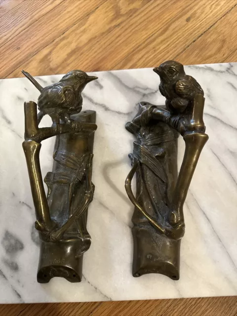 Antique Pair Of FRENCH Bronze Bird On Bamboo Double Door Handles Signed Rare!