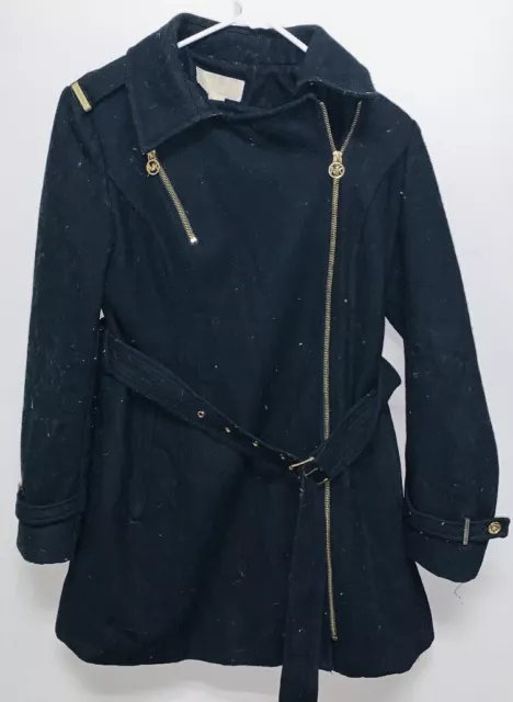 Michael Kors Womens Black Wool Blend Long Sleeve Belted Trench Coat Size 4