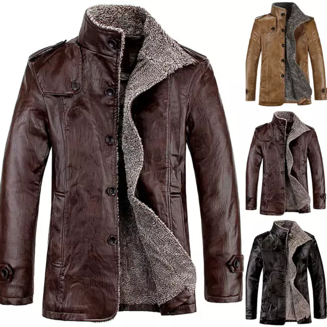 Mens Overcoat PU Leather Fleece Fur Lined Trench Coat Jacket Winter Warm Thicken