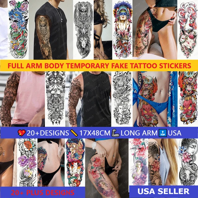 TEMPORARY TATTOO STICKERS Waterproof Full Arm Body Art Fake Colorful