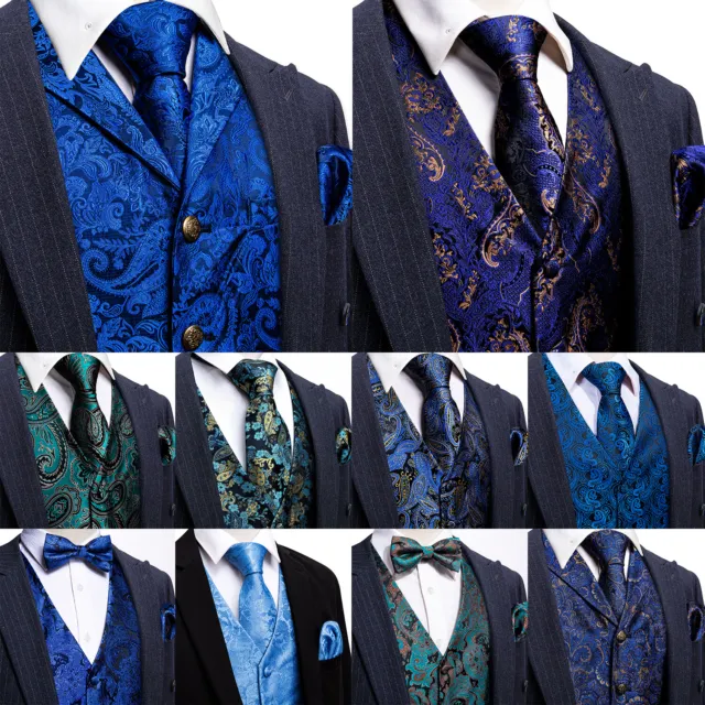 Gilet gilet jacquard da uomo blu navy acqua paisley floreale seta jacquard cravatta set cravatta