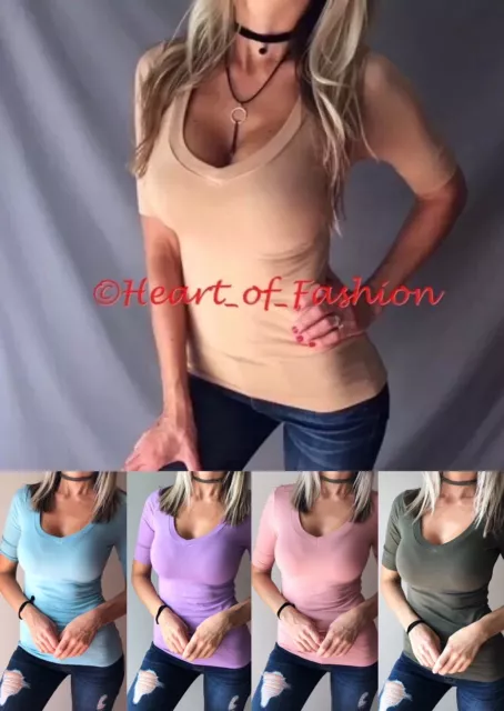 Women's Basic Half Sleeve Fitted Slimming Stretch Casual V-Neck Top Shirt Tee