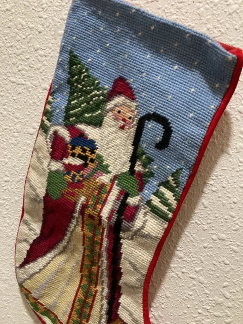 Vtg Father Christmas Santa Claus Wool Needlepoint Christmas Stocking