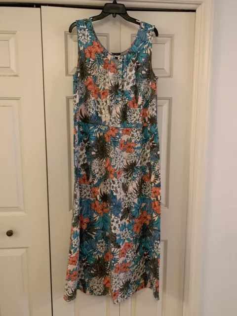 Talbots Dress Womens XL Aqua Coral Peach Floral Tropical Print Sleeveless Maxi