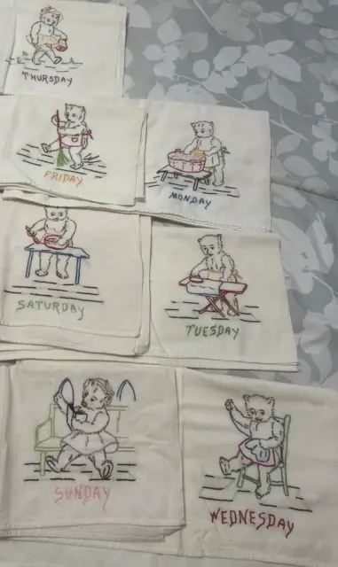 7 Vintage Days Of The Week Embroidered Kitchen Dish Towels Bears 32 x 28
