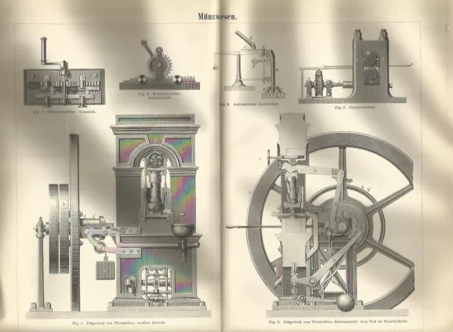 1888 MÜNZWESEN Münzmaschinen Original alter Druck Antique Print Litho Thonellier