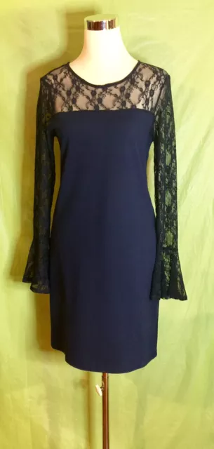 Bobeau Women’s Size Medium Long Lace Bell Sleeve Navy Blue Dress Cruise