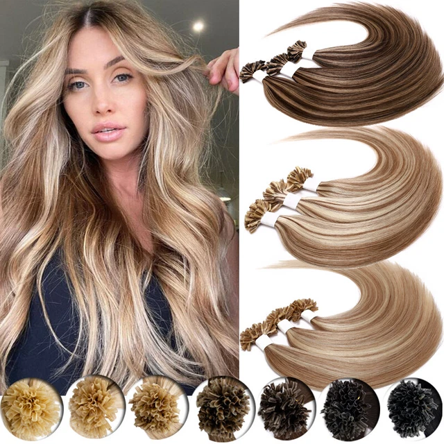 THICK Glue Pre Bonded Keratin Nail U Tip REAL REMY Human Hair Extensions BALAYAG