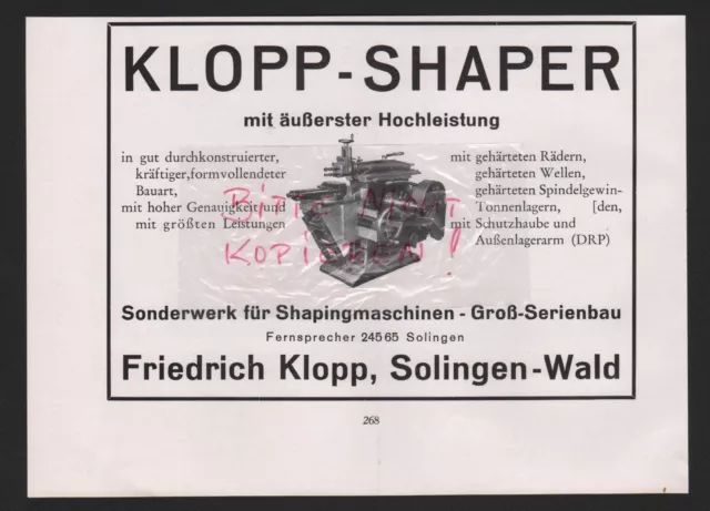 SOLINGEN-WALD, Werbung 1935, Friedrich Klopp Shaper Sonderwerk Shapingmaschinen