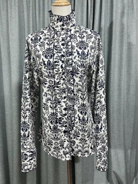 Hitchley & Harrow 18 Top Blouse Long Sleeve Ruffle Navy Blue White